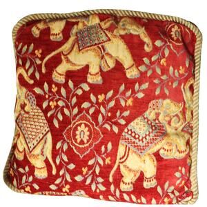 Vintage 80s 90s Red & Gold Elephant Pillow Square Accent Throw Tapestry Rope
